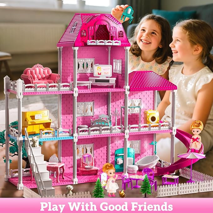 JUKUDAHU Villa Playset for Girls Ages 3-7, Indoor Playset Girls Toys with 3 Storeys 7 Rooms 2 Dolls for Ages 6-8, Furniture and Accessories, Pretend Toddler Toy, Birthday Gifts for Kids 3 4 5 6 7 8