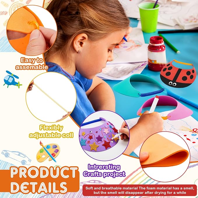 Outus 69 Pcs Assorted Craft Decorations with 48 Foam Visors for Kids, DIY Sun Visor Kit with Stickers & Markers for Arts & Crafts Activities (Classic Color)