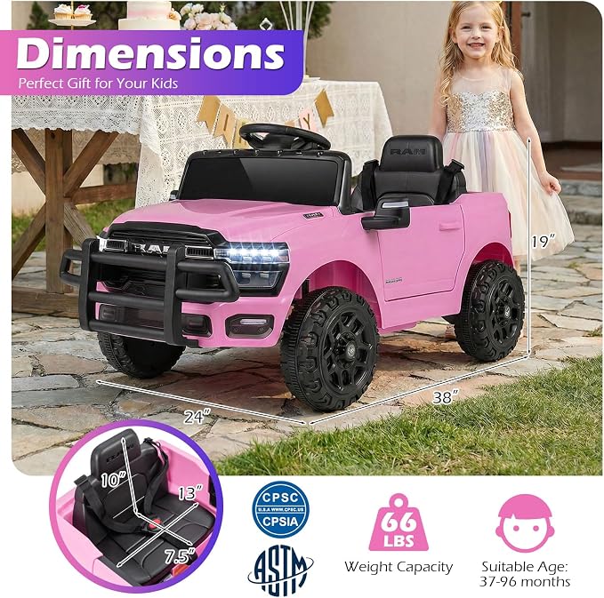Costzon Ride On Car, 12V Licensed RAM Kids Electric Vehicle w/Remote Control, LED Lights, Music, Horn & Wireless Connection, Soft Start, Ride On Toy Kids Car for Boys Girls (1-Seater,Pink)