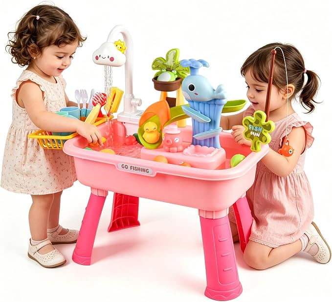 Upgraded Toddler Sand Water Table Toy with Electric Water Pump, Kids Sand Water with Faucet/Play Food Accessories/Fishing Toy, Kitchen Play Sink Toys for Girl Boy Age 3+ (Pink)