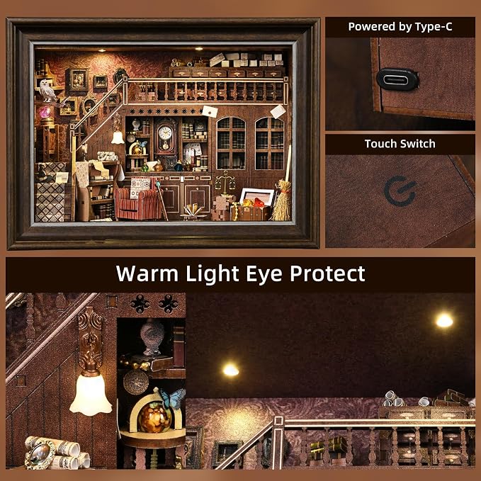 Book Nook Kit-3D Wooden Puzzle with LED Touch Control & Wall-Mountable Frame,DIY Miniature House for Beginners,Bookshelf/Tabletop/Wall Decor for Craft Lovers,Dollhouse Gift,Secret Attic
