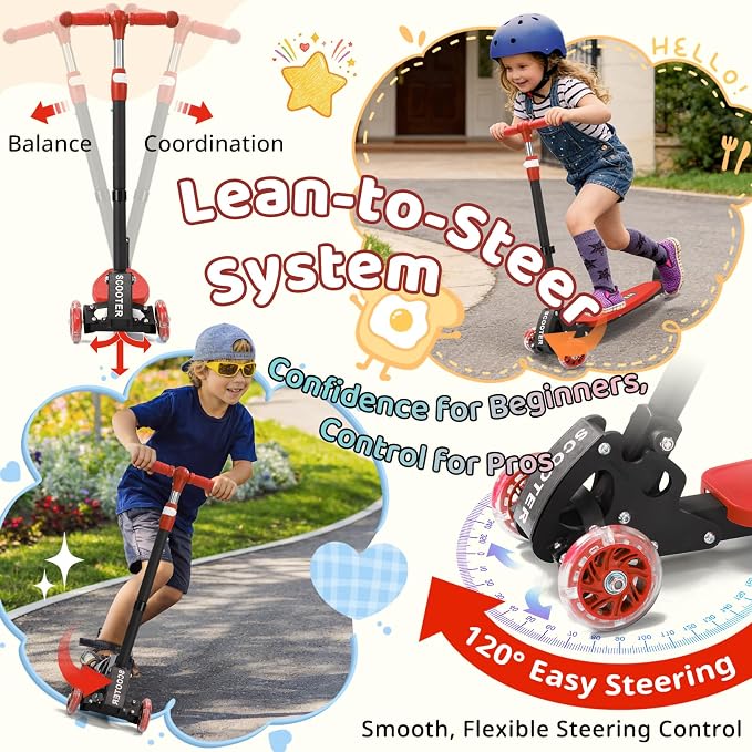 Kick Scooters for Kids 5-7 8-12,Lean to Steer,Three Wheeled Light Up,28"-32" Adjustable Handlebar,Widen Anti-Slip Deck,Floor Push Scooter for Boys Girls Ages 6-12 3-4 Old,Foldable for Travel