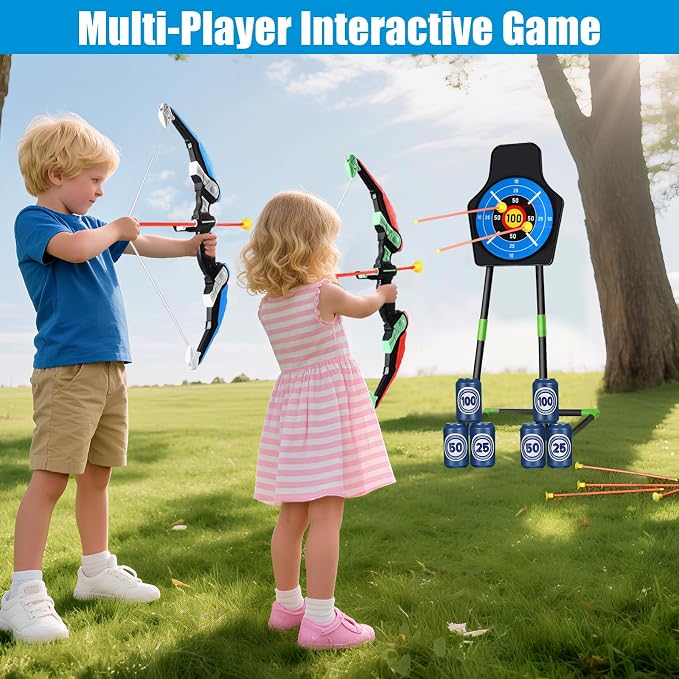Bow and Arrow for Kids : LED Light Up Archery Set with 24 Suction Cup Arrows, 1 Standing Target, 6 Score Targets & 2 Quiver | Indoor Outdoor Sport Gifts for Boys Girls Ages 4 5 6 7 8 9 10 | 2 Pack