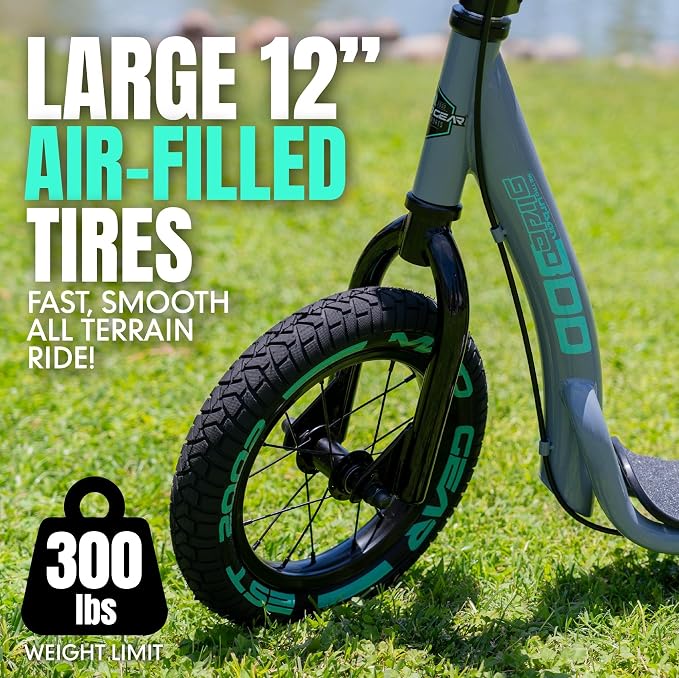 Large Kick Scooter for Adults, Teens & Kids 8-12 with Kickstand – 12" Air-Filled Tires, Wide Deck, Lightweight Steel Frame – Madd Gear Metro Urban Glide 300