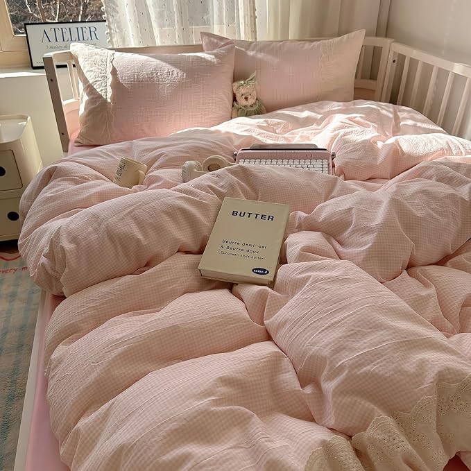 LifeTB Pink Gingham Comforter Set Full Size Soft Fluffy Romantic Lace Bedding Set Cottagecore Cute Plaid Checkered Comforter Set 3 Pieces Pink Grid Farmhouse Bedding Comforter with 2 Pillowcases