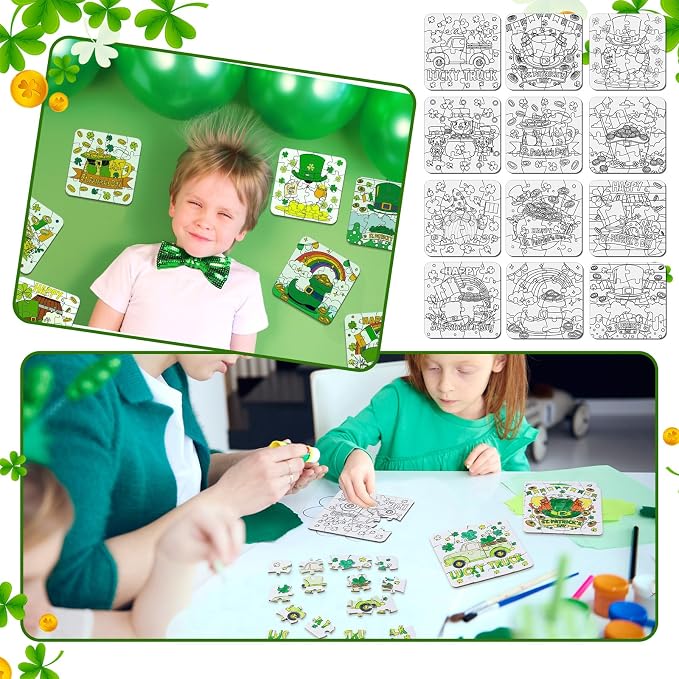 Realspring 24 Pack St Patricks Day Crafts for Kid Irish Coloring Jigsaw Puzzles St. Patrick's Day Activities Classroom Gifts Color Your Own Shamrock Irish Elf Hat Craft Puzzle for Party Favors