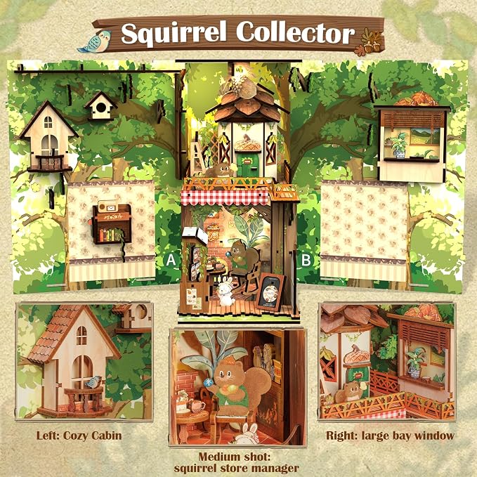 Cutefun Book Nook Kit, DIY Miniature Booknook Kit for Adults, 3D Wooden Puzzle Bookend Bookshelf Decor with LED Light & Dust Cover Creative Crafts Gifts for Book Lovers (Squirrel Collector)