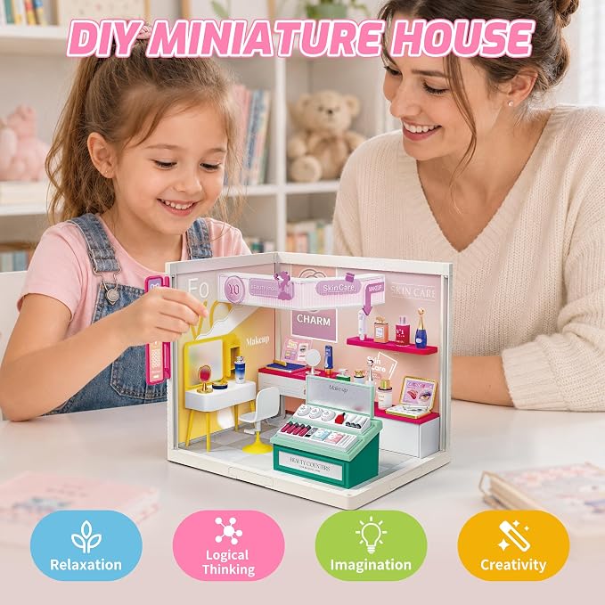 MINDNOOK DIY Miniature House Kit, LED Light-Up Dollhouse, Mini Dollhouse Building Set with Furniture, Craft Hobby Gift for Adults, Teens & Kids Ages 6+ (Cosmetics Store)