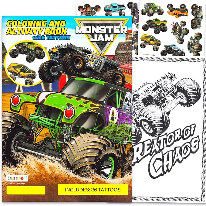 Monster Jam Coloring Book with Tattoos for Kids Ages 4-8 - Gravedigger Coloring Pages, Activities, Games Plus Temporary Tattoos Featuring Monster Trucks | Monster Jam Activity Book for Boys