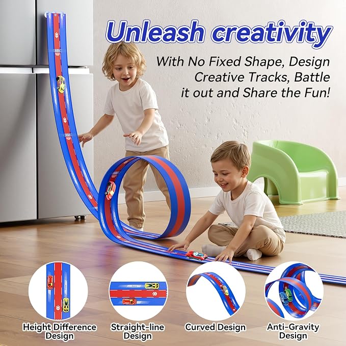 3-Lane Flexible Race Track for Kids, 16.4 Ft Flex Race Car Ramp Track with 3 Cars & Suction Cups - Compatible with Diecast 1/64th Cars, Portable Car Tracks Toys for Kids Boys Girls Ages 3-8+