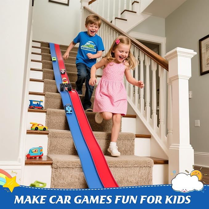 Flexible Race Car Track 15 Ft Starter Set with Suction Cups Compatible with Diecast 1/64th Car for Ages 3 & Up Classic Blue and Red Double Track Long Rolls Up Portable Racetrack