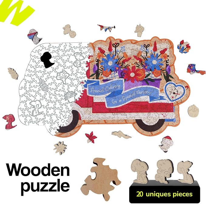 Peanuts Snoopy Puzzles for Adults – 300 Pieces Unique Shaped Flower Car Wooden Jigsaw Puzzles, Birthday Gift for Family, 5MM Thick, Officially Licensed Merchandise – Blooms on Wheels, 17.7" x 10.4"