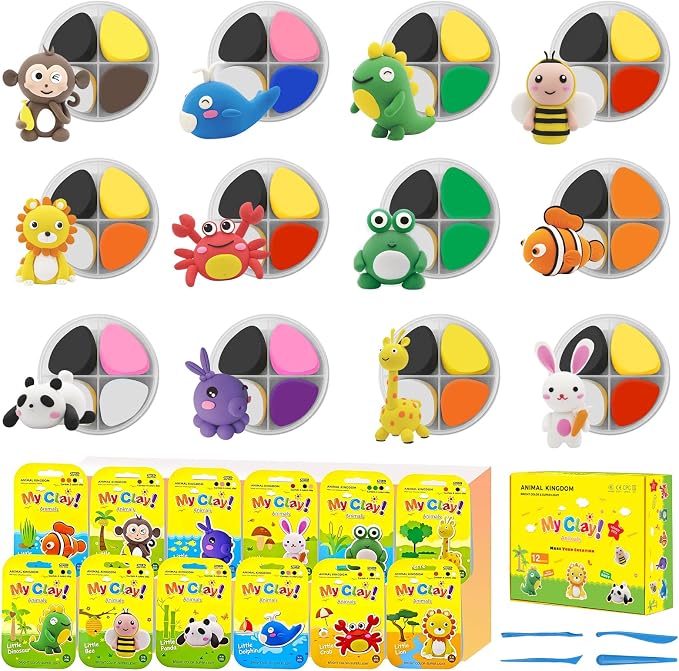 Air Dry Clay for Kids Air Clay Art Kits 12 Box Animals Theme Air Dry Modeling Clay Kit w/Sculpting Tools& Step-by-Step Tutorials,Ultra Soft Non-Sticky,Craft Party Favors Clay Toy Gift for Boys Girls
