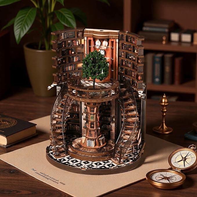 fifijoy DIY Book Nook Kit for Adults - 3D Wooden Puzzle Miniature House Kit with LED Light, Miniature Dollhouse Library Bookshelf Insert Decor, Creative Gift for Family, Friends (Wisdom Rings)