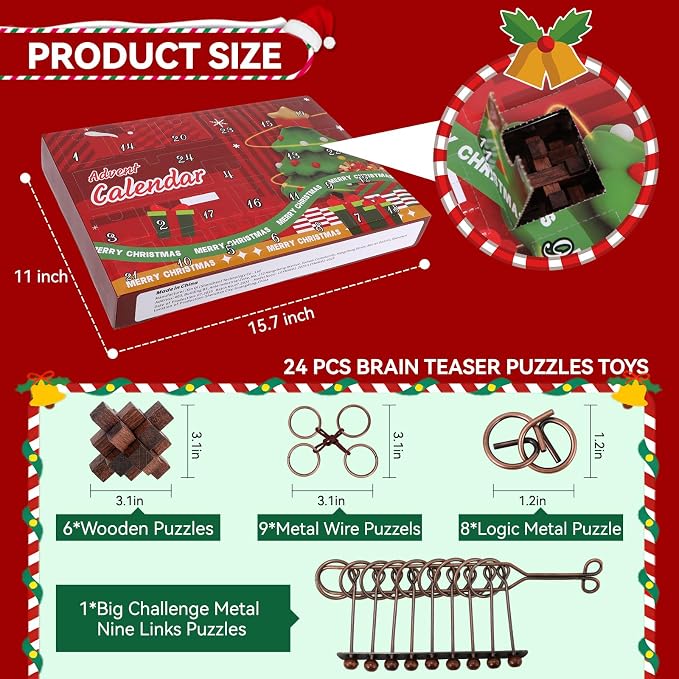 24 Pcs Brain Teaser Puzzles for Adults - Metal & Wooden 3D IQ Test Logic Game, Unlock Interlocking Brain Puzzle Toys for Teens Kids, Smart Educational Desk Toy for Mind Challenges