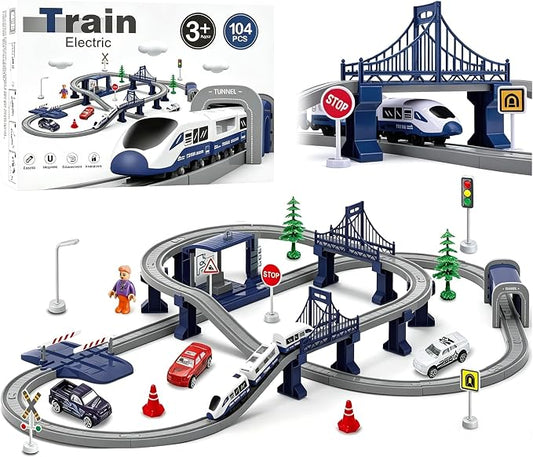 Wdmiya Train Sets for Boys 4-7, 104 Pcs Battery Operated Train Set with Tracks(Magnetic Connection), Compatible with Thomas, Brio, Chuggington, Gifts for 3 4 5 6 Years Old (City Blue 104 Pcs)