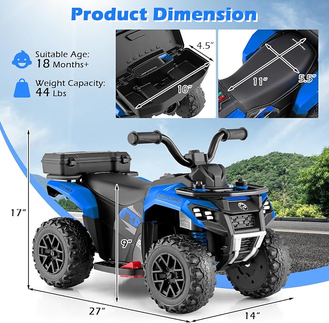 OLAKIDS Kids ATV with Spray Function, Remote Control, Storage Trunk, 6V Toddler Ride on Toy, Blue