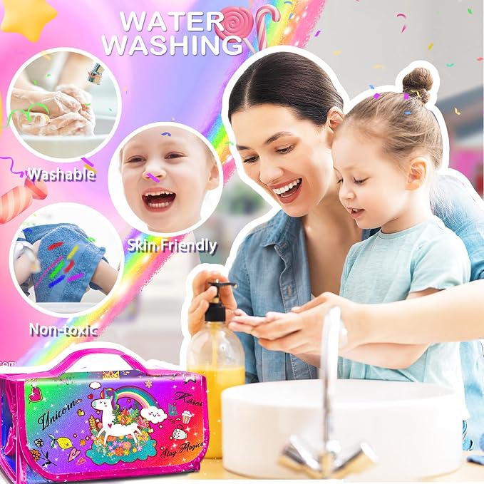 weirtoya 56 PCS Washable Scented Markers with Glitter Pencil Case, Mermaid Unicorn Arts and Crafts for kids 4-6-8 Kids Coloring Drawing Kits for 4-8 Years Old Girls (Rainbow, 70)