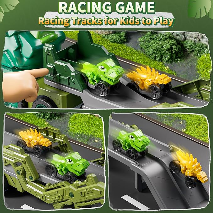 10 in 1 Dinosaur Truck Toys for Kids Aged 3-5 4-8 with Foldable Race Track, Carrier Truck with 9 Dinosaur Toy Car for Boys, Spraying, Light and Sound, Birthday Gifts for Girls Toddlers 5-7
