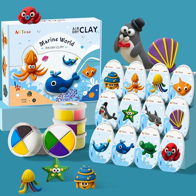 ARTPAR Air-Dry Clay Kit for Kids,12 Marine Animals‌ Modeling Magic Clay Sculpting Tools Set,Non-Sticky, Ultra-Light,Creative DIY School Arts & Crafts Gifts for Boys & Girls Ages 3-12