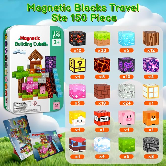Magnetic Blocks Travel Magnetic Building Blocks Cubes - 150 PCS Tin Box Magnet Toys Set STEM Educational for Kids Ages 4-8 6-8 8-12 Year Old Boys Girls Gifts Birthday Christmas