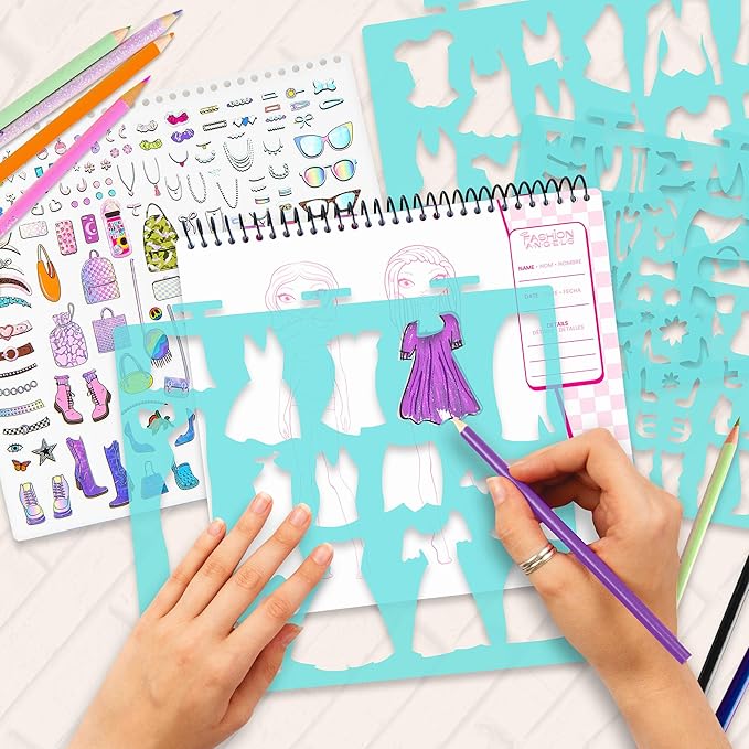 Fashion Angels Fashion Design Sketch Portfolio, Includes 40 Sketch Sheets, 4 Stencil Sheets & Stickers, Fashion Sketch Pad for Beginners & Kids Ages 6+