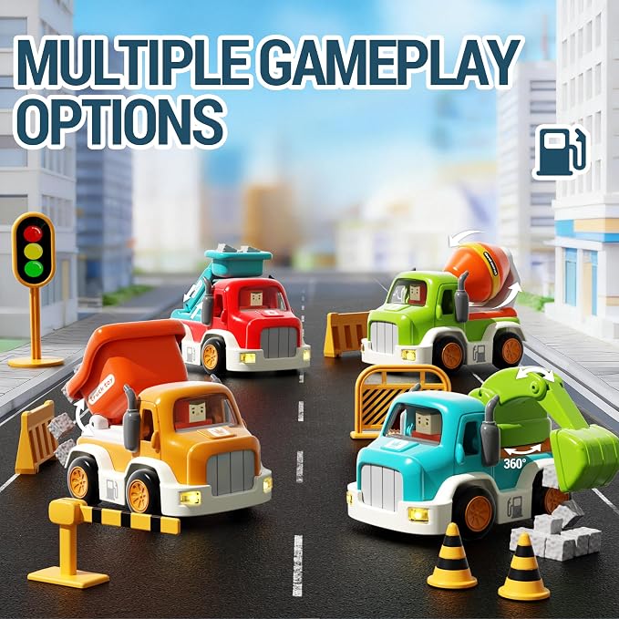 soi-meme 11-Pack Car Toys for Toddler 1-3,Push-and-Go Friction Powered Cars with Lights & Music,Truck Roadblock Toys Set,Baby Boy car Toys for 6-9-12-18 Months,for Kids Boy Birthday Gifts