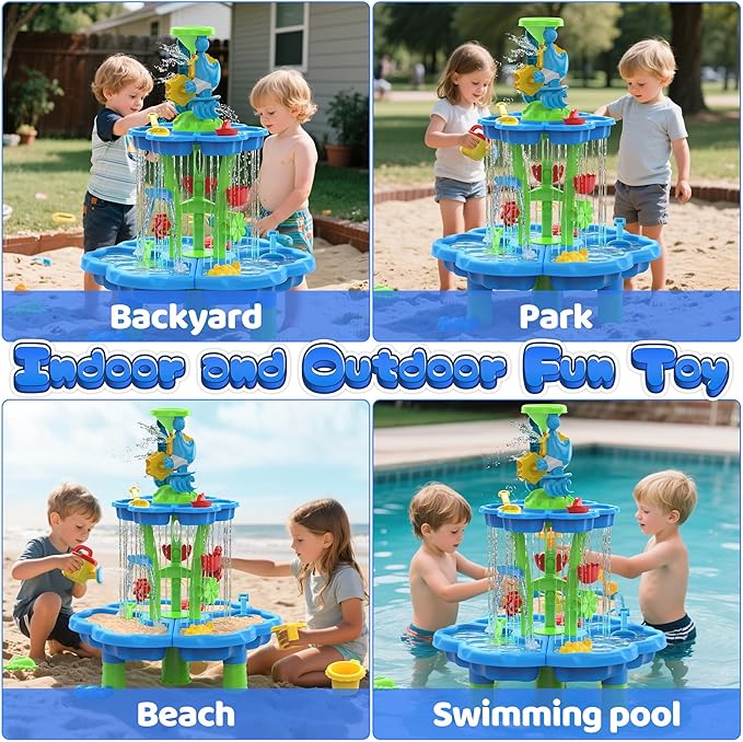 Kids Flower Water Sand Table for Toddlers - 2-Tier Outdoor Water Sand Play Table Toys for Boys Girls, Summer Splash Activity Sensory Table Party Birthday Gift for Kids 3-5 6-12(Blue)