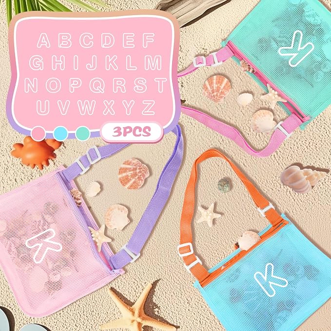 3Pcs Personalized Kids Beach Shell Bag, Initial Seashell Mesh Zipper Beach Pouch, Shell Collecting Bag for Holding Shells with Adjustable Straps, Sand Toys Swim Pouch Gift for Girl Boy Teens(Letter K)