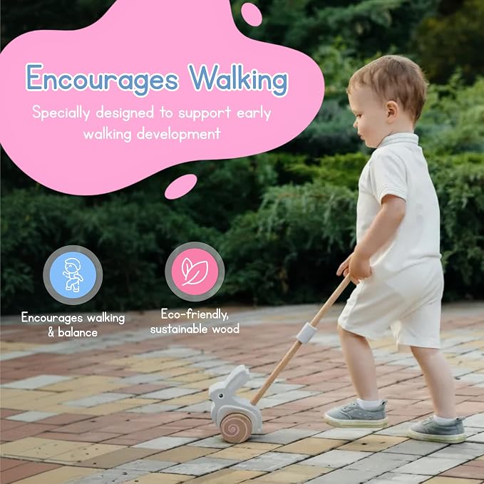 Bunny Push Toy by Jack Rabbit Creations- Wooden Push- Along Rabbit for Early Walking, Balance and Motor Skills Development- Eco-Friendly Montessori Toy for Toddlers & Babies Ages 1+