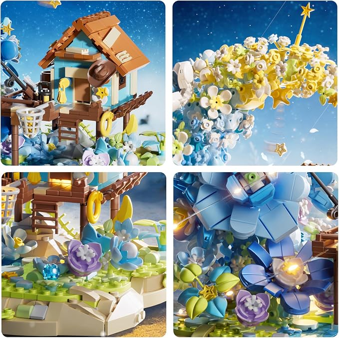 SUNHABI Moon Flower Mini Bricks Building Set, Fairy Cabin and Blue Flower Bouquet, Mini Building Blocks Botanical Collection Set, Unique Home Decor, Gift for Her and Him - 1622 Pcs Mini Bricks