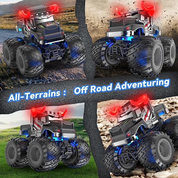 AUUGUU Remote Control Car, 2.4GHz Monster Trucks Toys with Light Spray, Birthday Gift for Kids 3 4 5 6 7 8, All Terrain RC Cars, Toddler Toys for Boys Girls 3+ Year Old (Bull)