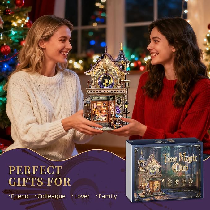 SUNNINO Miniature Dollhouse Kit, 3D Wooden Puzzles for Adults Mini House Building Kit with LED Lights Christmas Birthday Gifts Book Nook Kits Bookshelf Decor for Adults and Teens, Time Magic Club