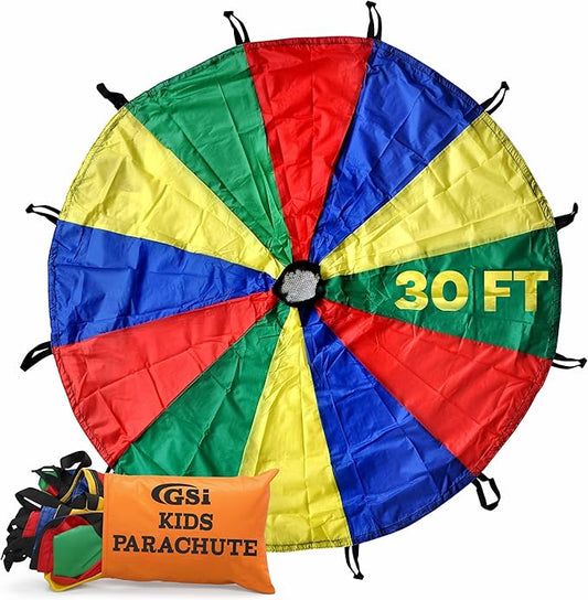 GSi Kids Play Parachute Rainbow Parachute Toy Tent Game for Children Gymnastics Cooperative Play and Outdoor Playground Activities (30 Feet)