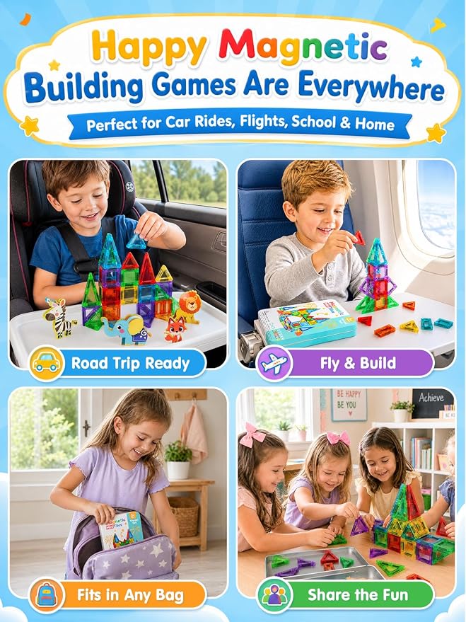 45PCS Mini Magnetic Tiles for Kids Ages 3-8, Travel Magnetic Building Blocks Set with 5 Animal Figures, STEM Toys for Boys Girls, Portable Tin Case, Lion Zebra Fox Elephant Crocodile
