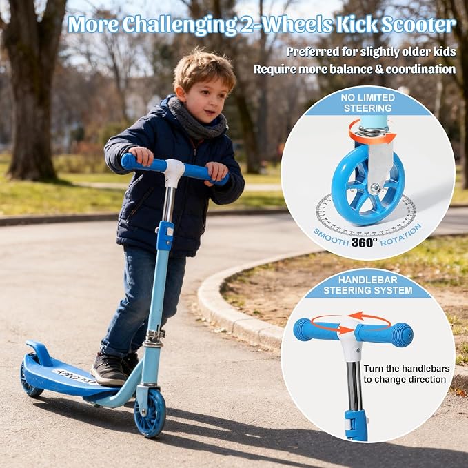 Kick Scooter for Kids 4-8, 2 Light Up Wheels, Heavy Duty Scooter with 3 Height Adjustable Handlebars, Rear Break, Widen Anti-Slip Deck, Max Load 110 Lbs for Boys Girls Ages 3+, 4.7Lbs