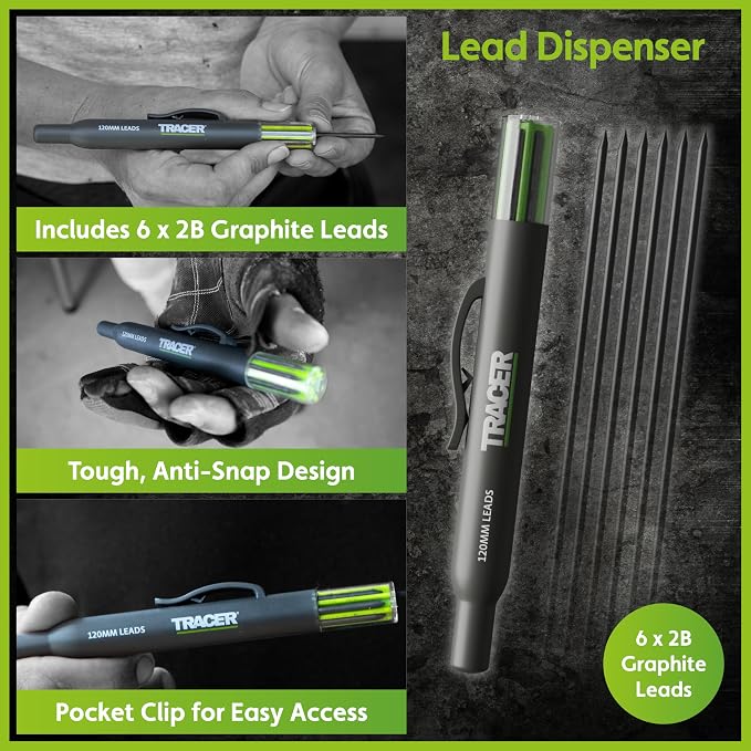 Tracer 5 Piece Construction Marker Kit - Deep Hole Carpenter Pencil Set with 2 Deep Hole Marking Pens, Heavy Duty Clog-Free Marker, 2.8mm Replacement Leads & Storage Case for Woodworking Tools