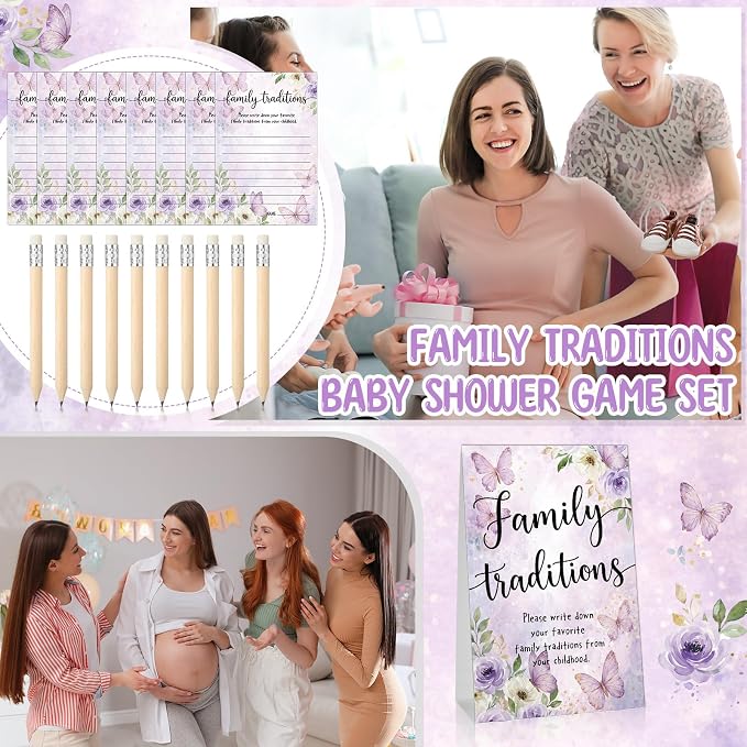 Fumete 61 Pieces Family Tradition Baby Shower Games Include 1 Family Traditions Standing Sign and 50 Activities Cards with 10 Pencils for Gender Reveal Bridal Shower Wedding(Purple,Butterfly)