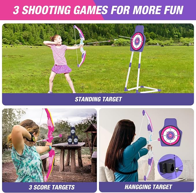 HYES 2 Pack Bow and Arrow for Kids 4-6, LED Light Up Archery Set with 24 Suction Cup Arrows, 1 Standing Target, 6 Score Targets & 2 Quiver, Indoor Outdoor Sport for Girls Ages 8-12