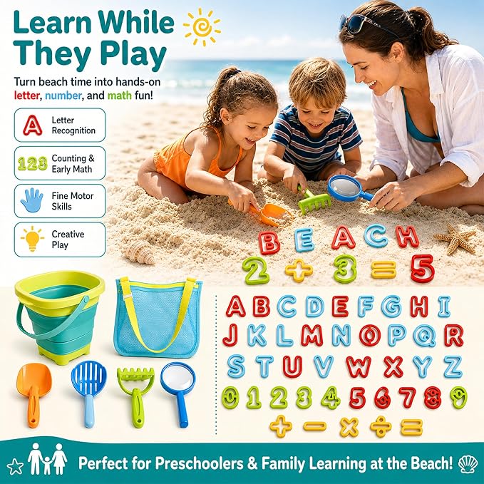 47pc Collapsible Beach Toys for Toddlers Kids ，Educational Sand Toys with Letter & Number Molds, Collapsible Bucket, Magnifying Glass, Mesh Bag -Travel Sandbox Toys for Boys Girls Age 3-10