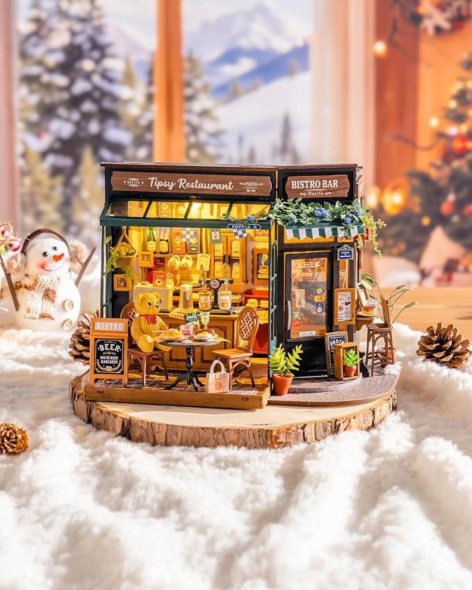 Rolife DIY Miniature House Kit for Adults, Tipsy Restaurant Mini Wooden Dollhouse Kit, 1:18 Tiny House Diorama Building Kits Birthday Craft Home Decor Hobbies Gift for Family Friends