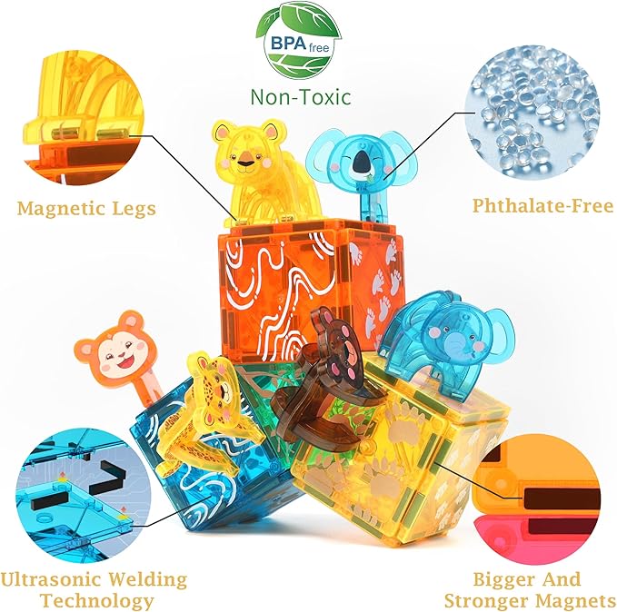 MEGAGONTILES Zoo Animals Magnetic Tiles Set 108PCS | STEM-Authenticated Magnetic Building Blocks with Animal Figures | Educational Construction Toy for Toddlers & Kids Ages 3–8 (Boys & Girls)