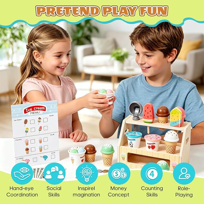 BROWNROOT Wooden Ice Cream Shop Toy with Menu and Play Money for Kids | Features cones, popsicles and cups made from wood, encouraging pretend play and creativity for ages 3+