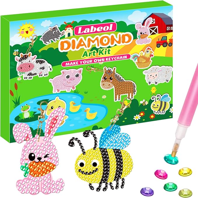 Labeol Arts and Crafts for Kids Ages 8-12 - Creat Your Own GEM Keychains-5D Diamond Art by Numbers GEM Art Kits for Kids Girls Toddler Crafts Age 6-7 6-8 10-12 (Farm)