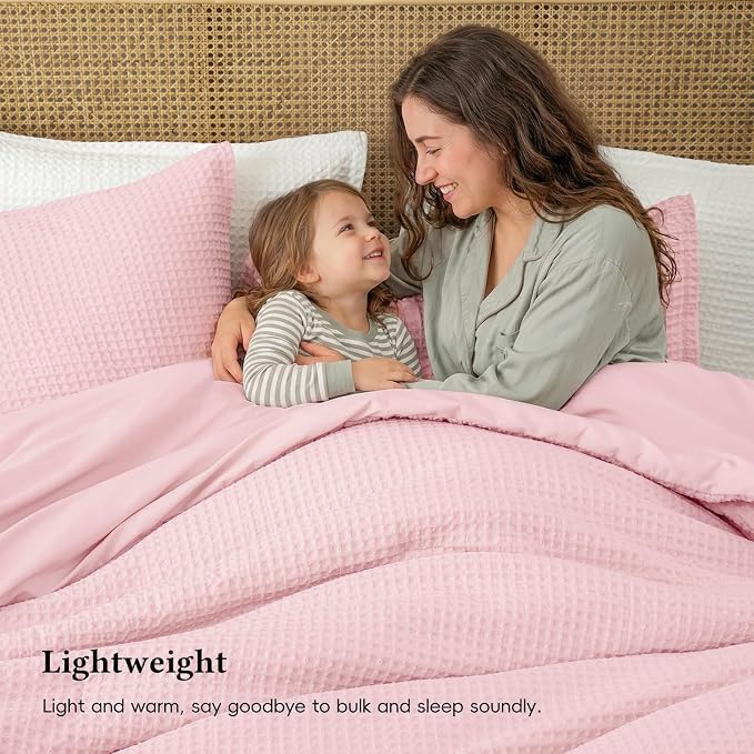 David's Home Waffle Weave Comforter Set 3PCS King Size, Soft Breathable Lightweight Cozy Skin-Friendly Warm for All Season, Elegant Aesthetic Home Decor Bedding Set with Pillow Shams, Pink