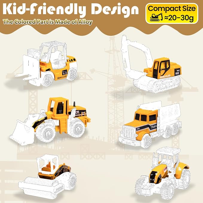 Oriate Construction 6PCS/Set diecast car, Including bulldozers, Forklift, Excavator & Other Educational Indoor & Outdoor Toy Cars, mini car Models for Boys and Girls 3 Years Old Birthday Easter Gifts