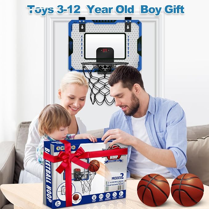 Indoor Basketball Hoop for Kids Age 5-10, Mini Basketball Hoop Over The Door Basketball Hoop with Electronic Scoreboard & 3 Balls - Door Basketball Hoop Indoor for Gift for Boys Age 5-10