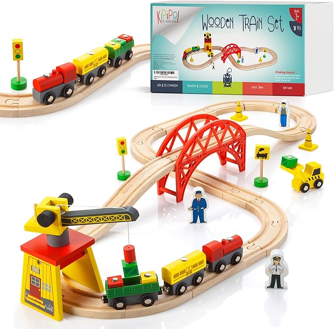 KipiPol Wooden Train Sets for Boys 2-4-7 – 38 Pcs Wood Train Set for Toddlers w/Crane, Bridge & Wooden Train Tracks – Train Toys for 3 Year Old Boys & Girls – Fits Thomas Brio IKEA Melissa and Doug