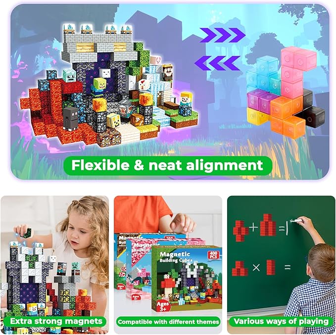 400 PCS Magnetic Blocks - Building Block for Kids, Stacking Magnet Cubes for Boys Girls, STEM Educational Montessori Magnetic Constructions Toys, Sensory Play Game Birthday Gifts Ages 3-12