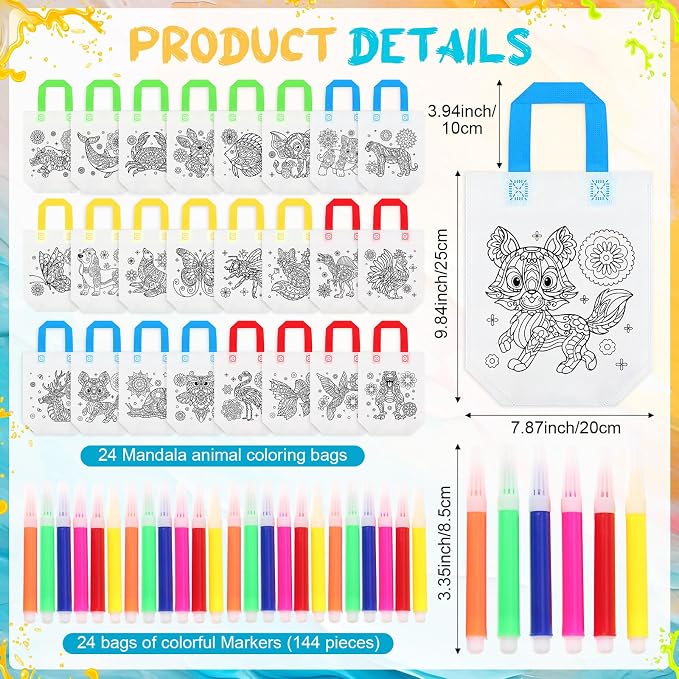 Pasimy 72 Pcs Mandala Animals Coloring Set Include 24 Mandala Animal Coloring Books 24 Color Your Own Gift Bags 24 Sets Markers for Kids DIY Painting Art Birthday Party Favor Classroom Activity Craft